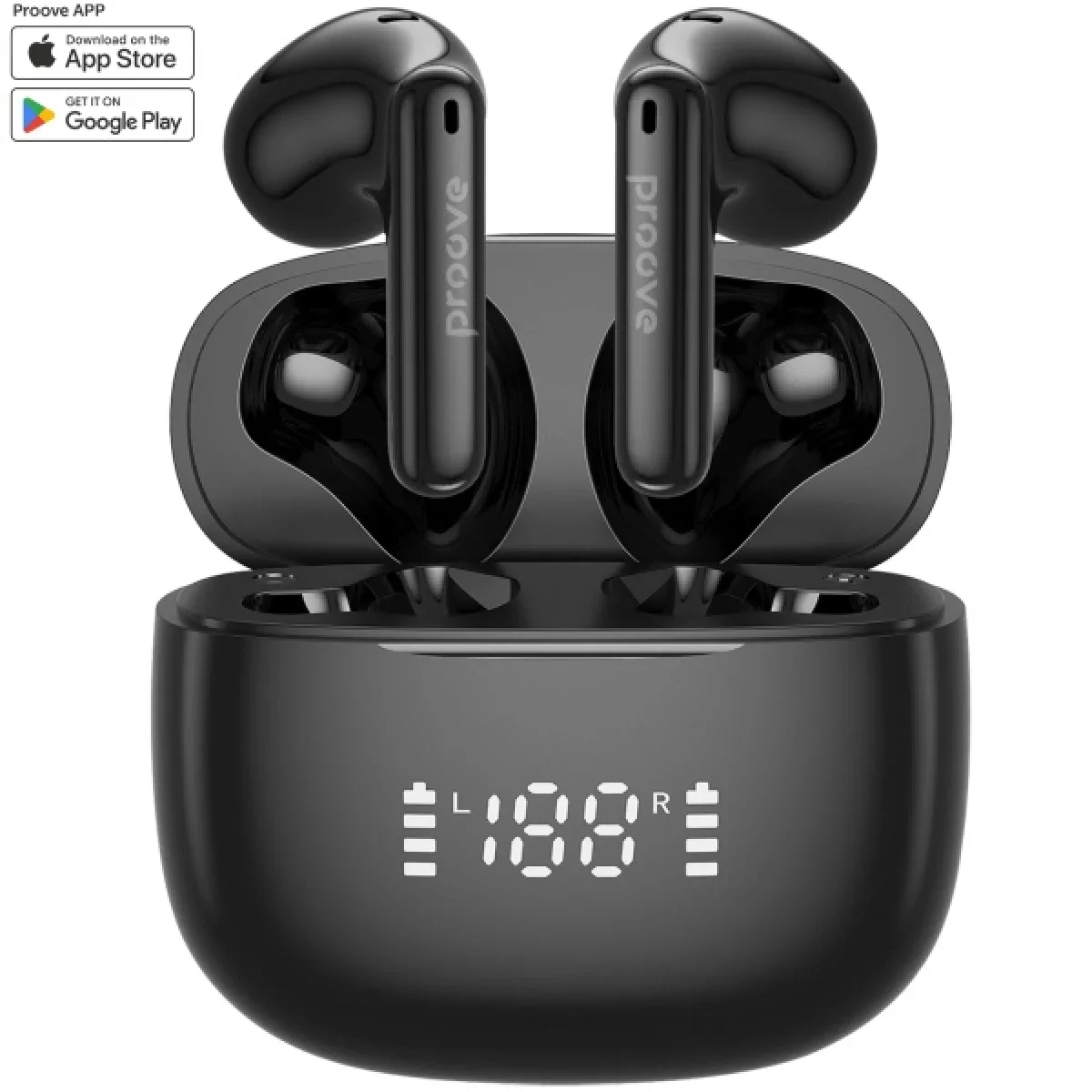 سماعات Proove 13095 Digital TWS لاسلكية مع شاشة LED وBluetooth 5.4 ومقاومة IPX4، أسود