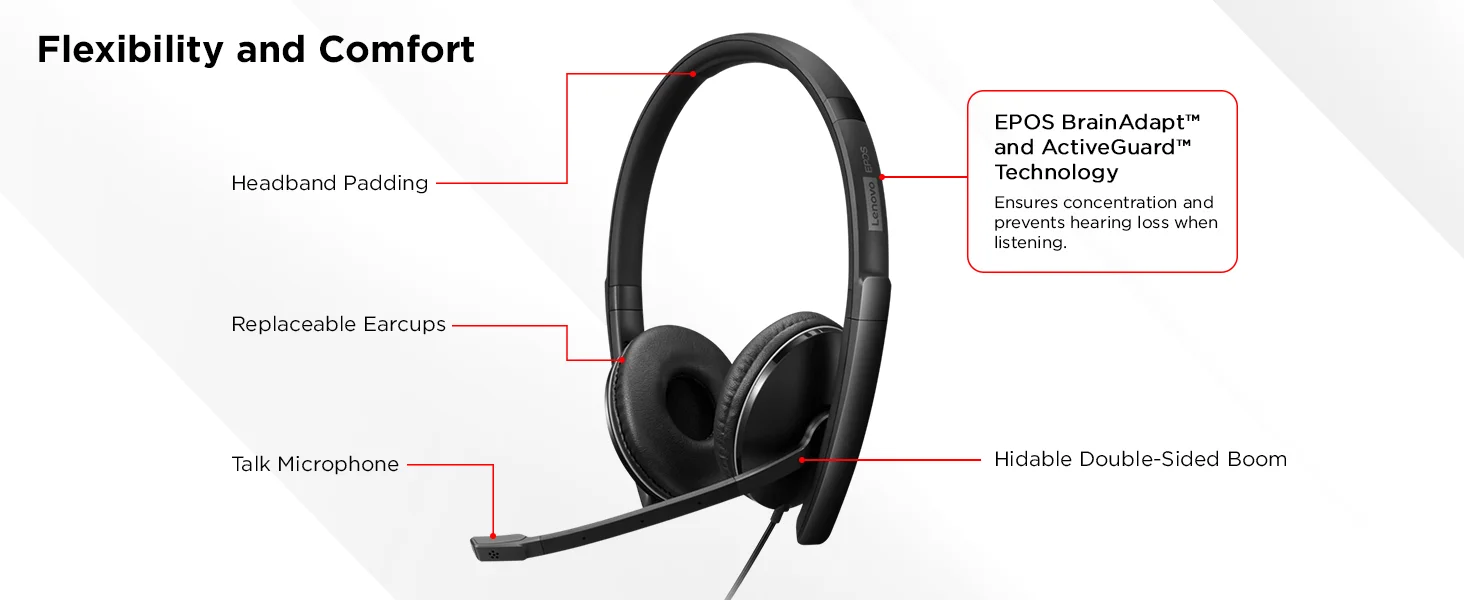 سماعة رأس أعمال سلكية Lenovo بإلغاء الضوضاء النشط ANC USB-C وUSB-A، معتمدة من Zoom، 145 غ - Thumbnail 17