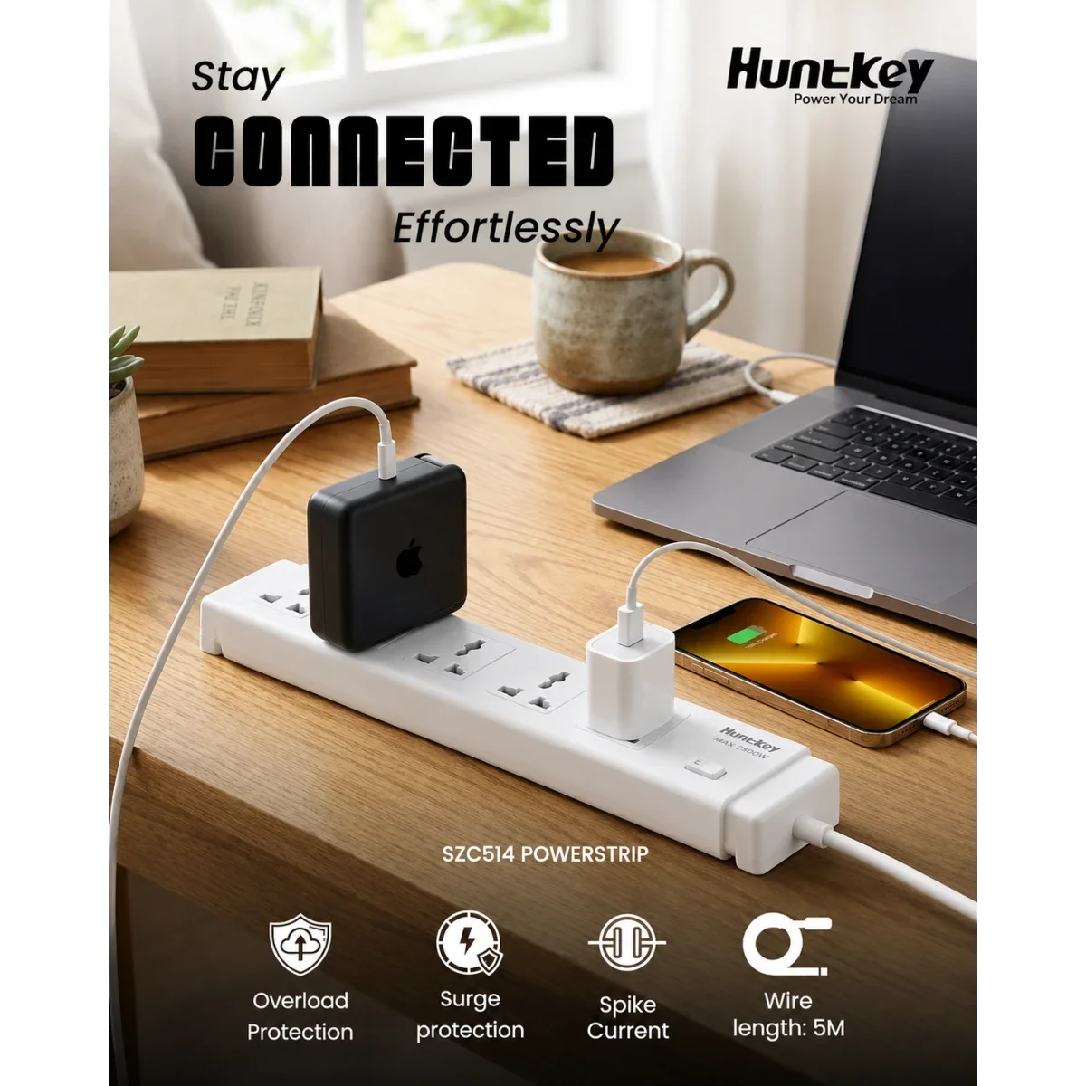 Huntkey SZC514 Universal Power Strip, 5 AC Outlets, 2500W, 5m Cable