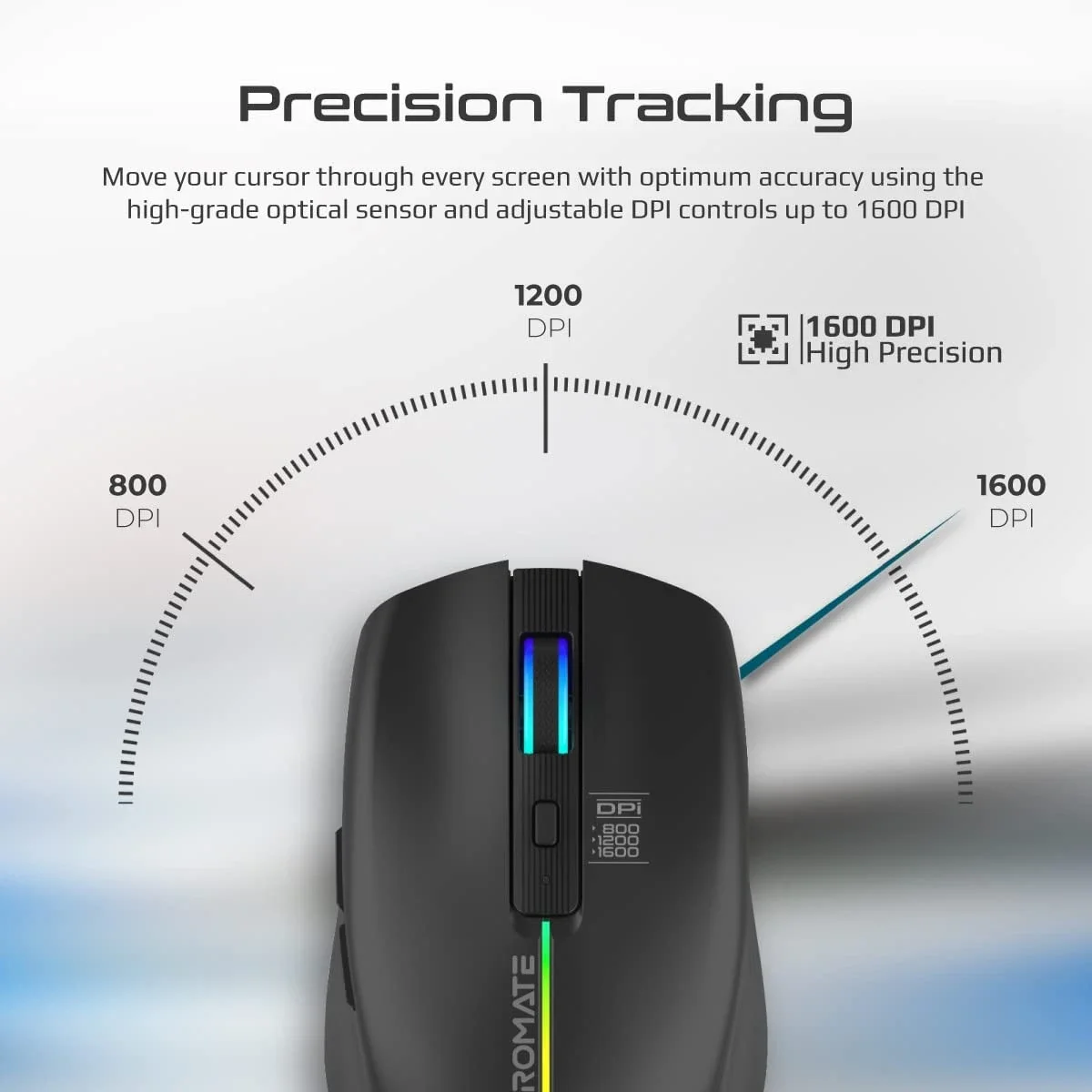 ماوس لاسلكي Promate KITT ببطارية قابلة للشحن 500mAh وإضاءة RGB ودقة 1600 DPI أسود - Thumbnail 3
