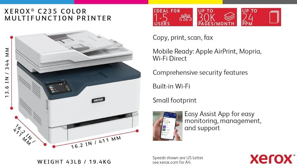 طابعة متعددة الوظائف ليزر ملونة Xerox C235 مقاس A4 لاسلكية مزدوجة 4 في 1 حتى 24 ppm باللون الأبيض - Image 10