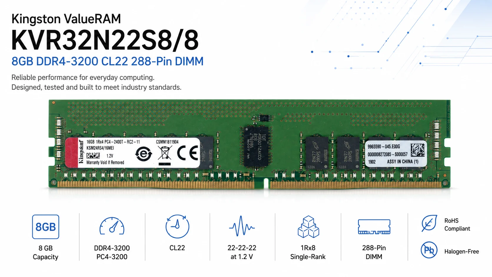 Kingston ValueRAM KVR32N22S8/8 8GB DDR4 3200MHz CL22 288-Pin DIMM - Image 2