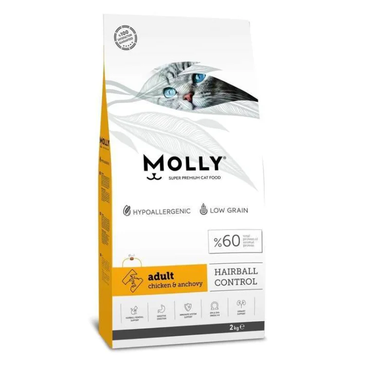 طعام قطط Molly للبالغين ضد كرات الشعر بالدجاج والأنشوجة 2 كجم