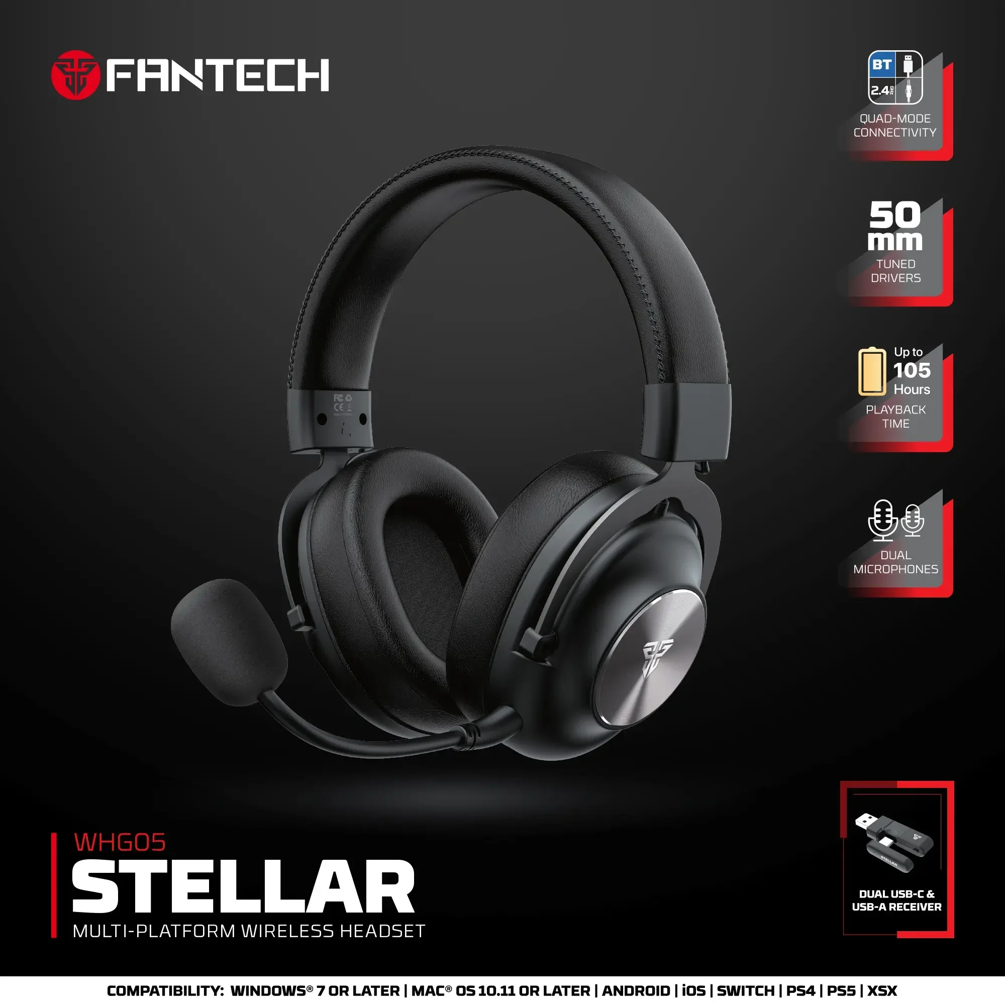 سماعة رأس Fantech WHG05 Stellar لاسلكية باللون الأسود باتصال ثلاثي الأوضاع - Image 3
