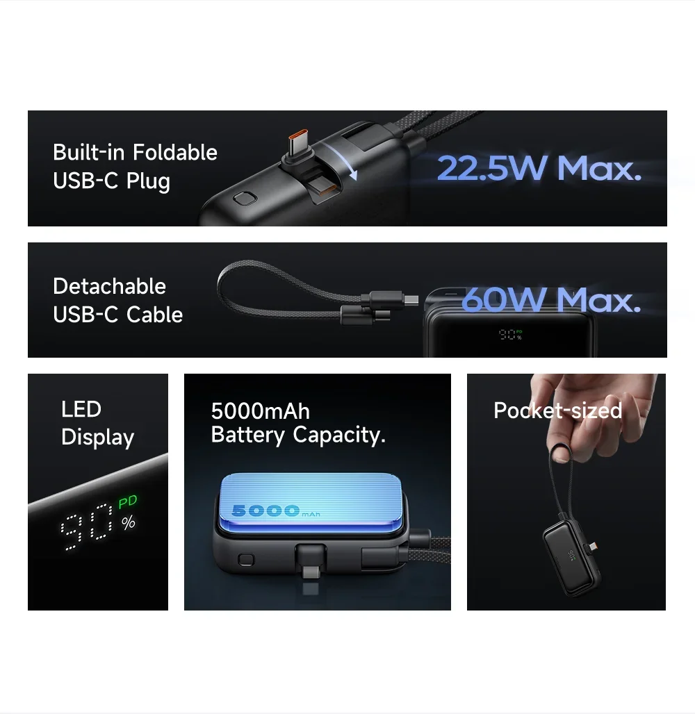 باور بانك Mcdodo MC-7760 MDD Free Kit بسعة 5000mAh وشحن 20W مع موصل USB-C وشاشة رقمية - أسود - Thumbnail 11