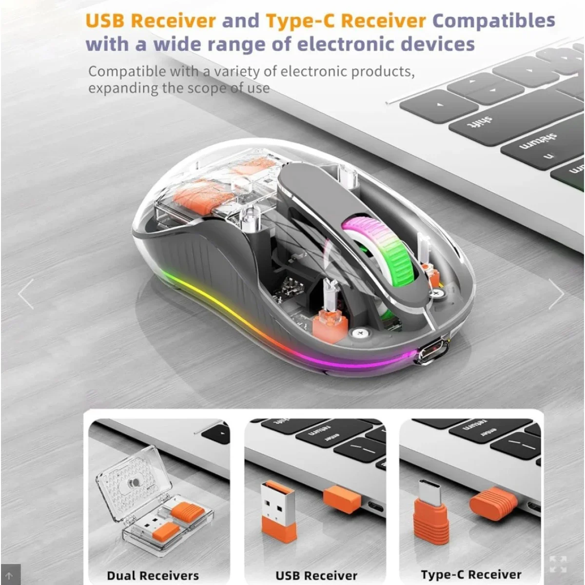 Coteci Crystal Silent RGB Wireless Mouse with Dual USB-A & Type-C Receiver, Bluetooth 5.1, 2.4G, 2400 DPI - Thumbnail 3