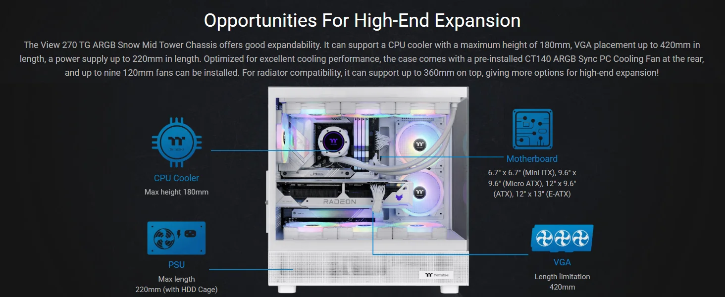 هيكل كمبيوتر Thermaltake View 270 TG ميد تاور مع 1x CT140 ARGB Fan ودعم رادياتير 360MM وزجاج مقوى، أبيض - Thumbnail 12