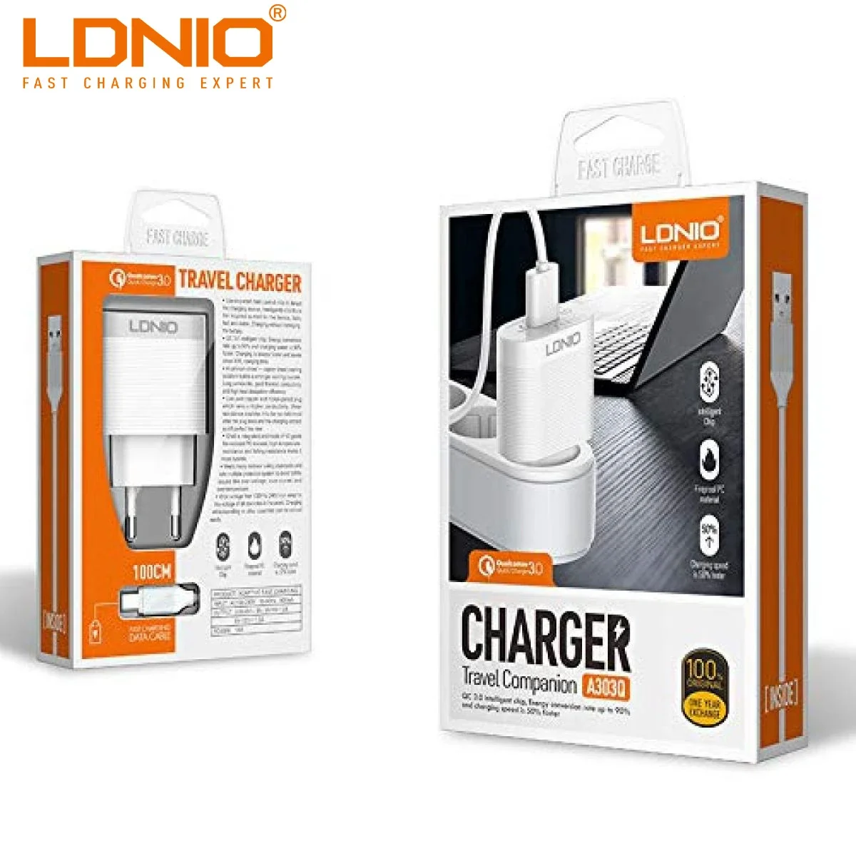 شاحن LDNIO A303Q سريع QC 3.0 بتقنية Auto-ID مع كابل IPH