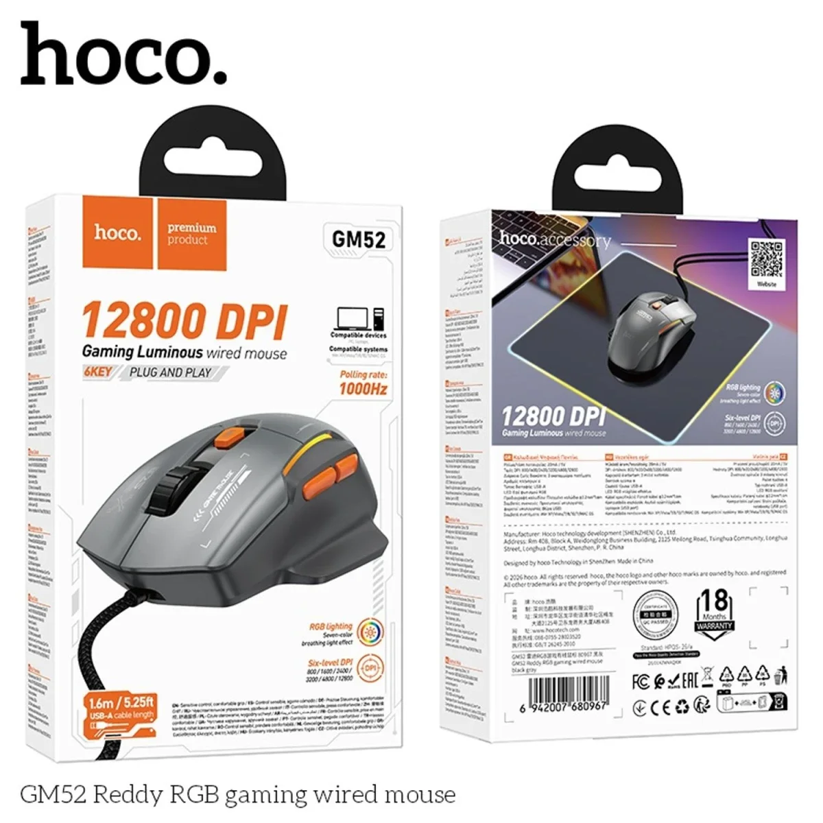 HOCO GM52 Wired Gaming Mouse 12800 DPI 1000Hz 6-Button Black/Orange - Thumbnail 2