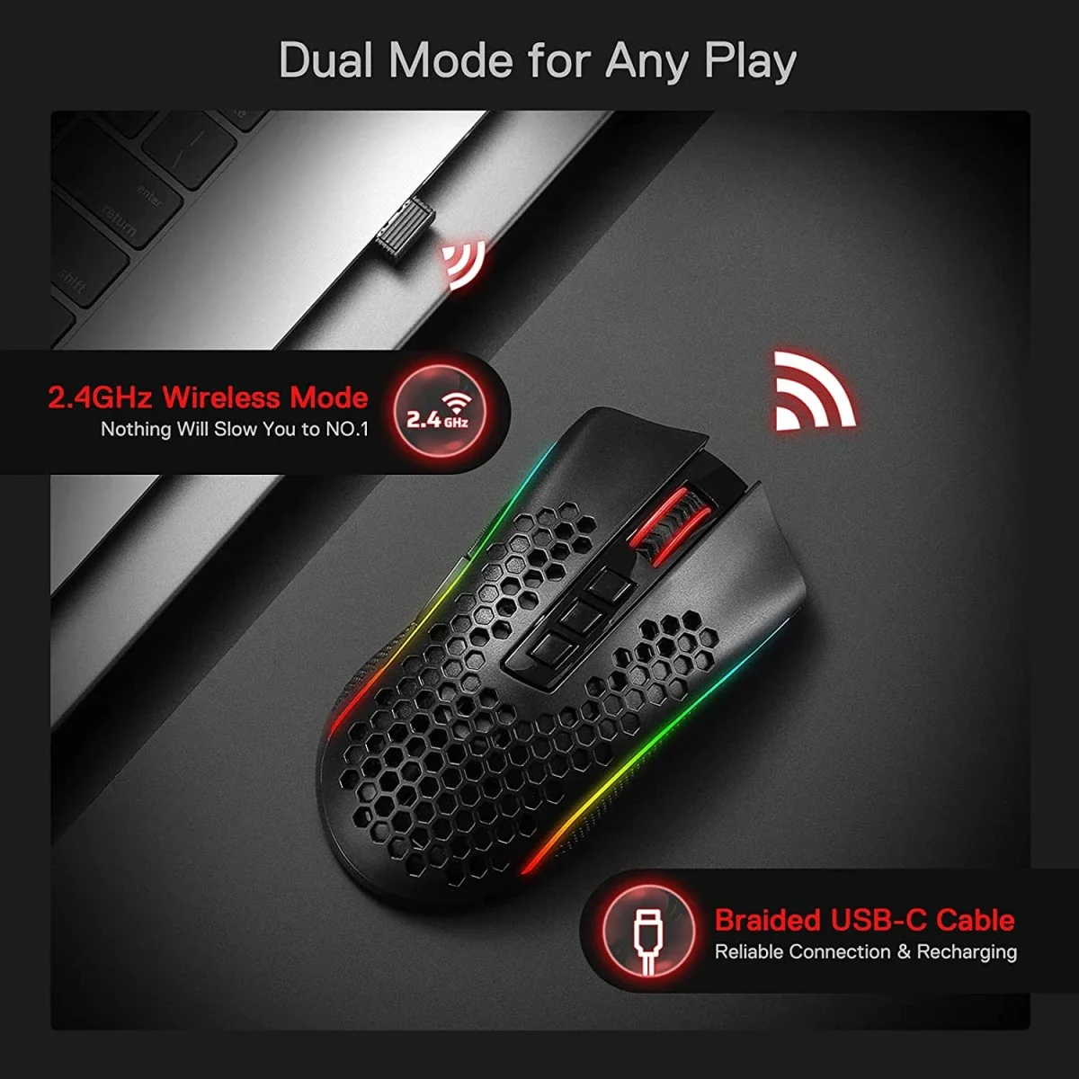 ماوس ألعاب Redragon M808 Storm Pro لاسلكي RGB بهيكل خلية نحل، 16000 DPI، أبيض - Image 3