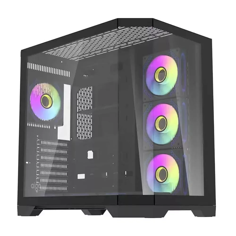 كيس كمبيوتر Aigo FT418 Pro للألعاب ميد تاور ATX مع 7 مراوح ARGB - أسود