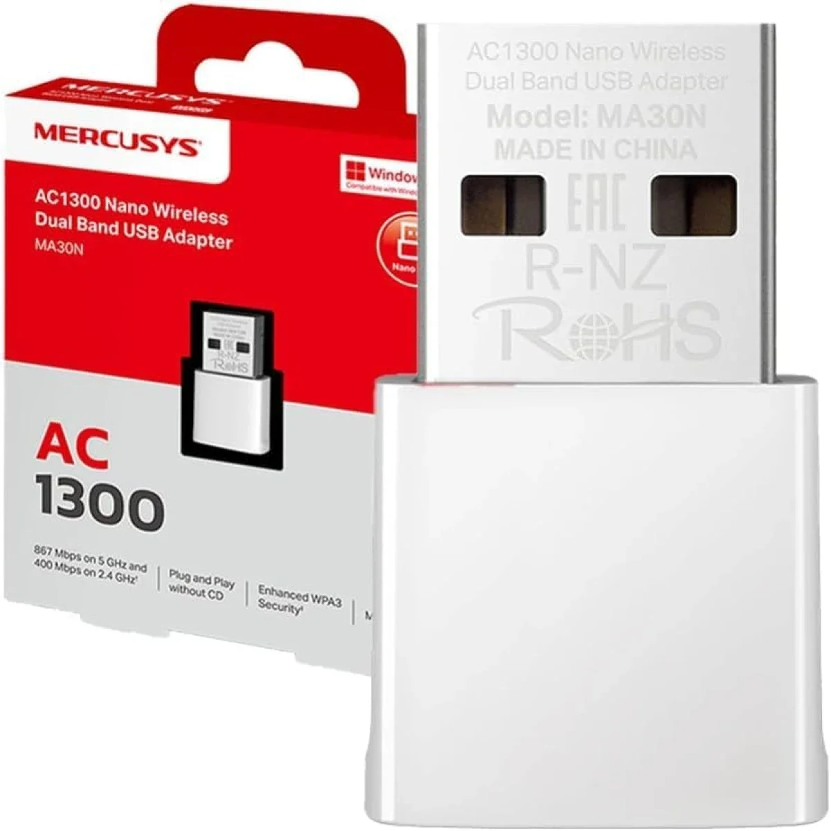 MERCUSYS MA30N AC1300 Dual Band Nano USB Wi-Fi Adapter with WPA3 for Windows 11/10