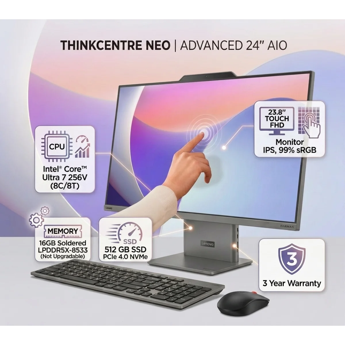 Lenovo ThinkCentre neo 50a 24 Gen 6 23.8-inch FHD Touch AIO Desktop, Core Ultra 7 256V, 16GB RAM, 512GB SSD - Image 2