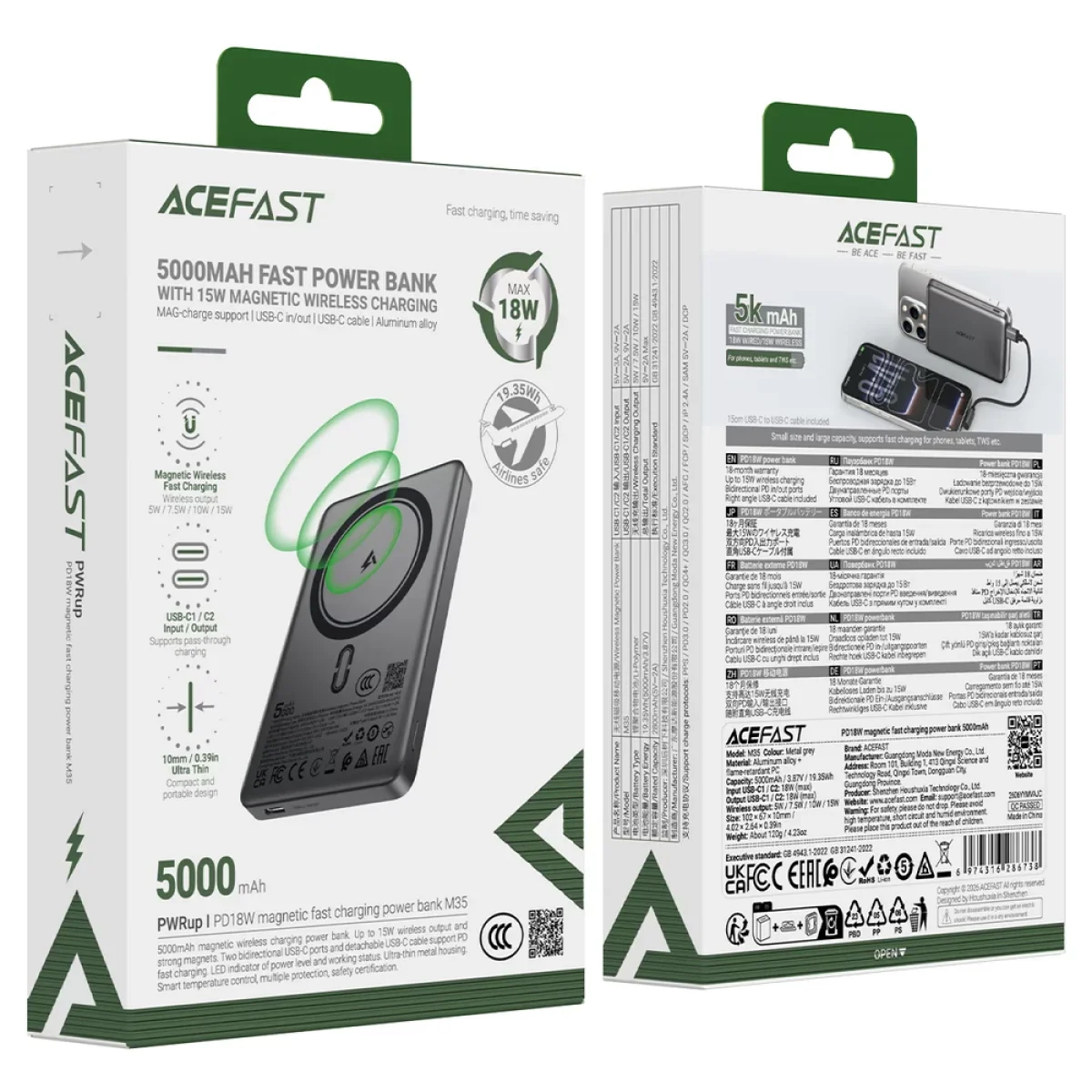 باور بانك ACEFAST M35 5000mAh 18W بشحن لاسلكي مغناطيسي 15W – رمادي معدني - Image 7