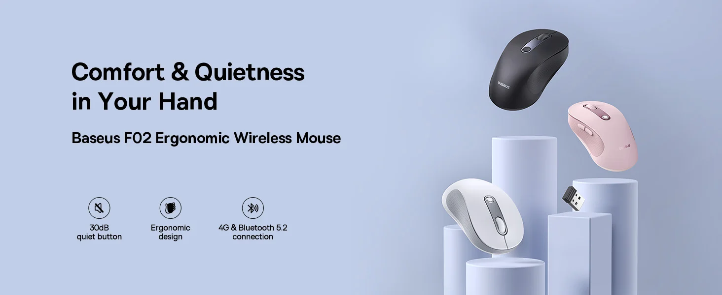 ماوس لاسلكي مريح Baseus F02 ثنائي الوضع، بلوتوث 5.2 و2.4GHz، أبيض - Thumbnail 7