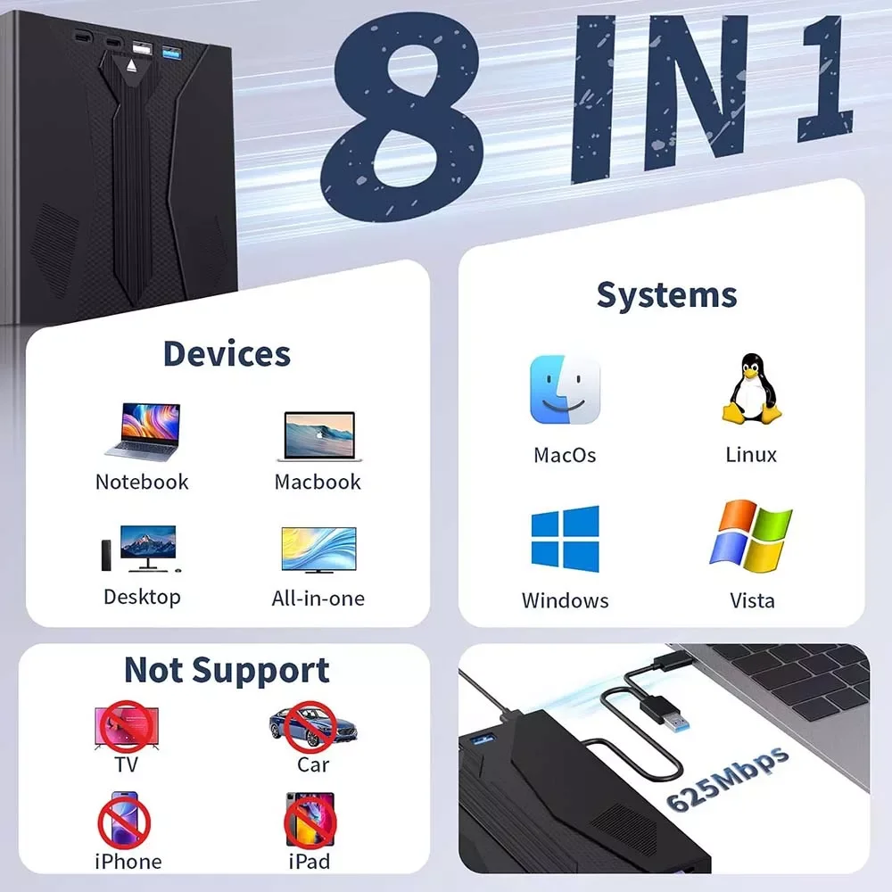 قارئ وناسخ أقراص Wbacon 31BA خارجي نحيف CD/DVD/Blu-ray بمنفذ USB 3.0 Type-C - Image 3