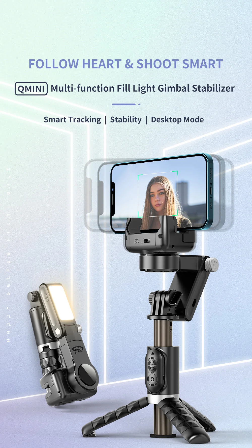 Q18 Foldable 360 Gimbal Stabilizer Selfie Stick Tripod with Remote & Light - Image 7