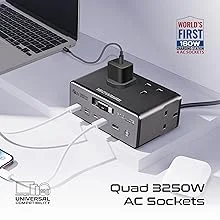 محطة شحن Promate PowerBrix-160 GaNFast بقدرة 160 واط مع 4 مقابس AC وكابل USB-C قابل للسحب - رمادي - Thumbnail 15