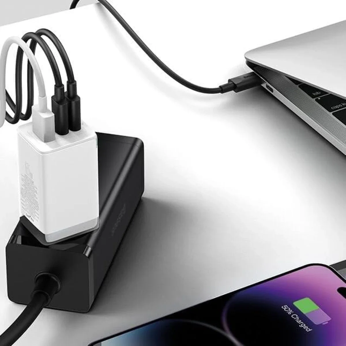 Baseus GaN5 Pro 65W GaN Wall Charger, 2 USB-C + USB-A, 1m 100W USB-C Cable - White - Thumbnail 3