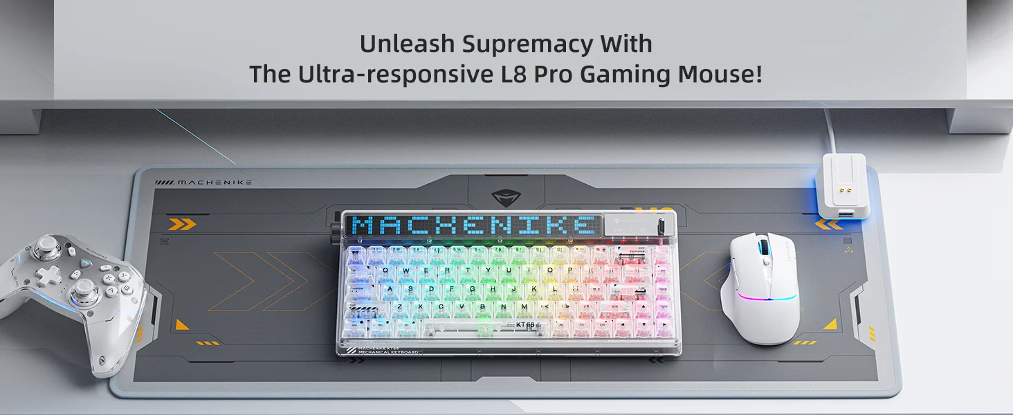 ماوس ألعاب MACHENIKE L8 Pro لاسلكي 8KHz مع قاعدة شحن RGB، 26000 DPI، أبيض - Thumbnail 14