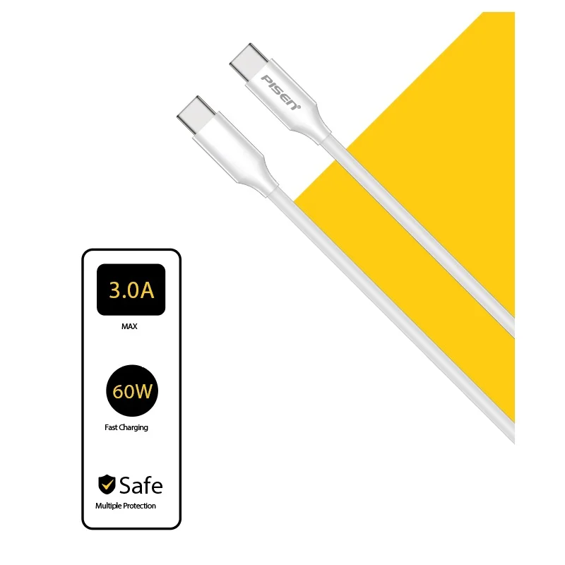 كيبل Pisen Mr White من USB-C إلى USB-C بقدرة 60W PD، 1 متر، أبيض CC-PD01-1000