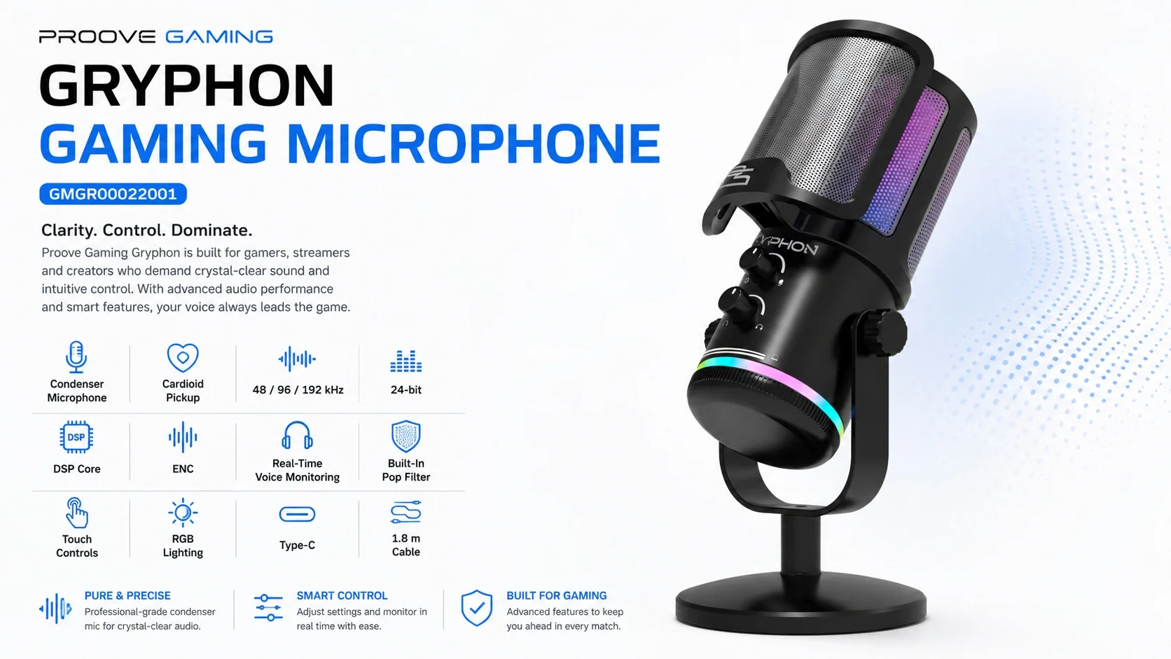 Proove Gaming Gryphon Type-C Condenser Gaming Microphone with RGB & ENC - Black - Thumbnail 6