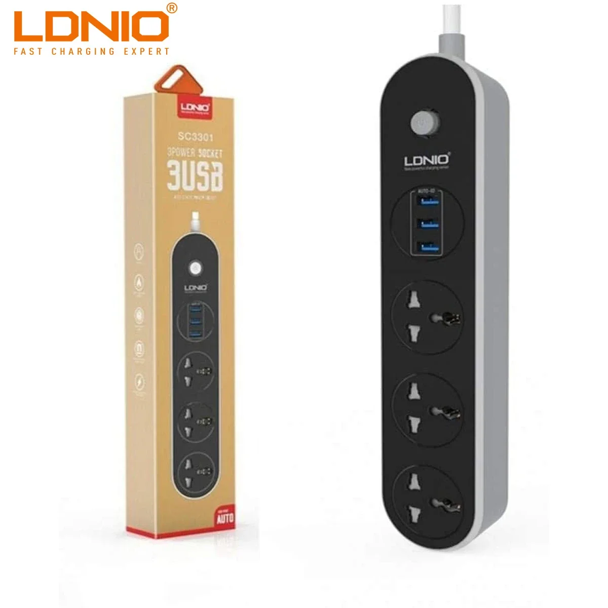 وصلة كهرباء LDNIO SC3301 بثلاثة مقابس و3 منافذ USB وكابل 1.6 متر - أسود