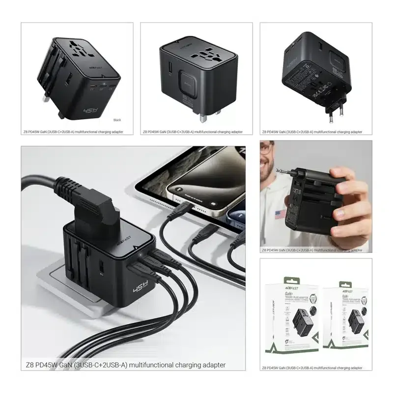 شاحن سفر دولي ACEFAST Z8 بتقنية GaN وPD بقدرة 45 واط مع 3 USB-C و2 USB-A - أسود - Thumbnail 7