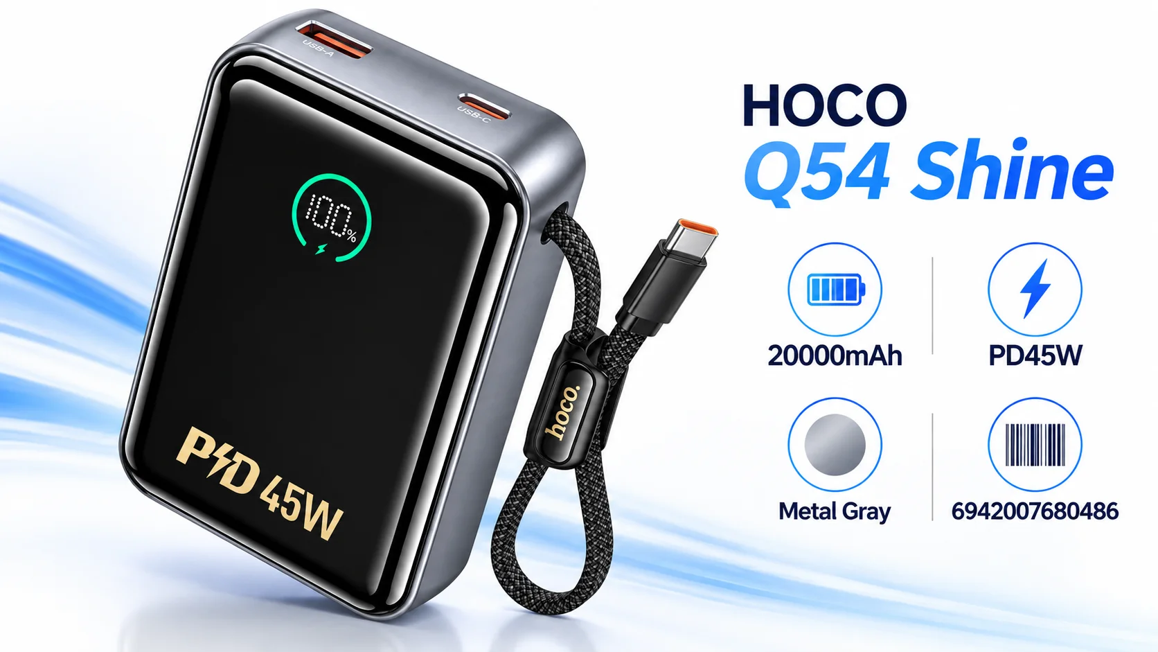 باور بانك HOCO Q54 Shine سعة 20000mAh بشحن PD45W رمادي معدني - Image 10