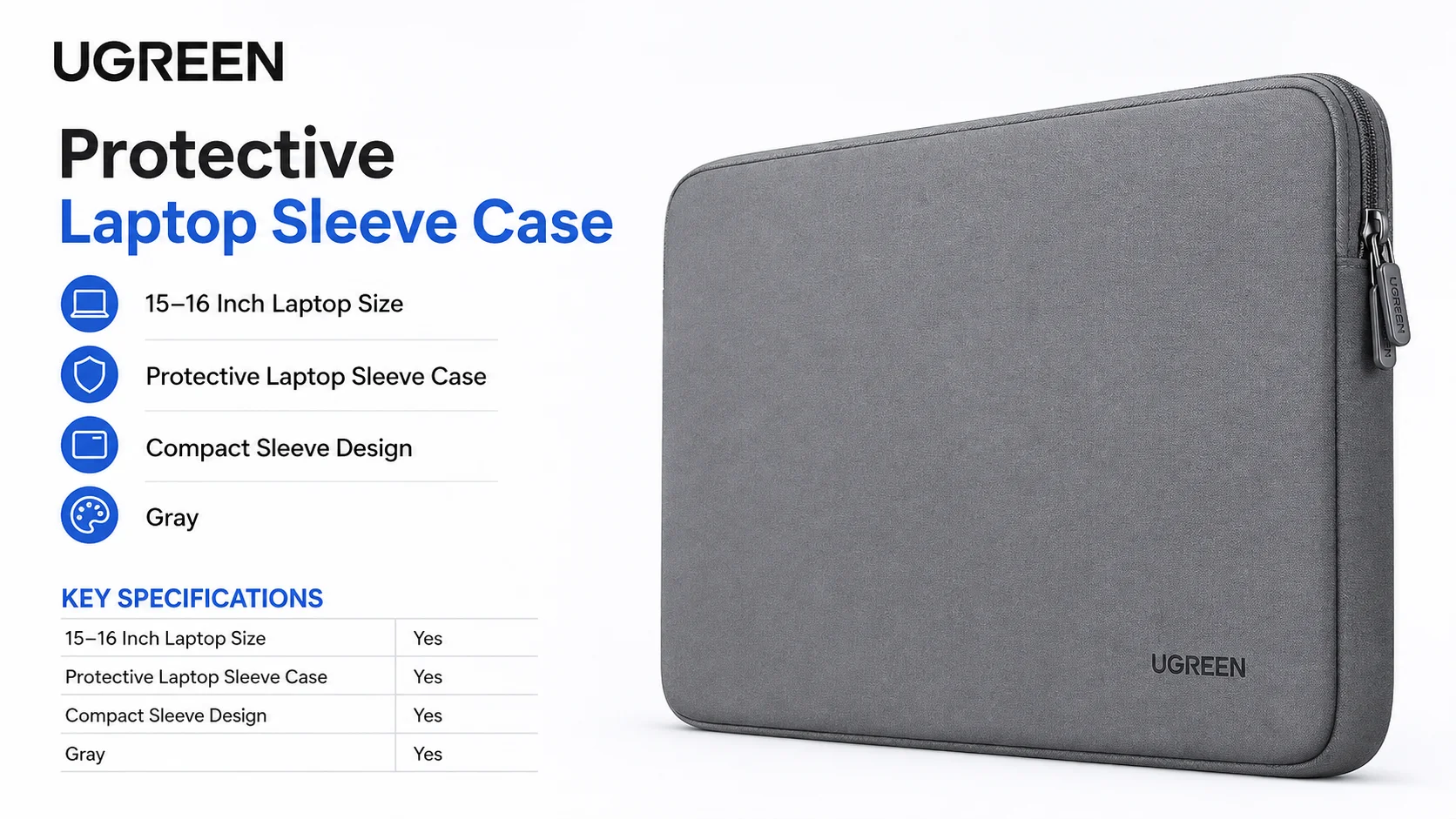 Ugreen 80900 Protective Laptop Sleeve Case for 15–16 Inch Laptops - Gray - Image 5