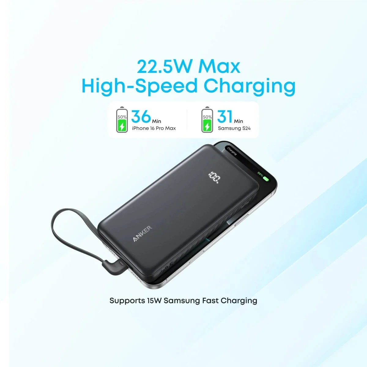 Anker Zolo 10000mAh 22.5W Power Bank with Built-In USB-C Cable - Black - Thumbnail 2
