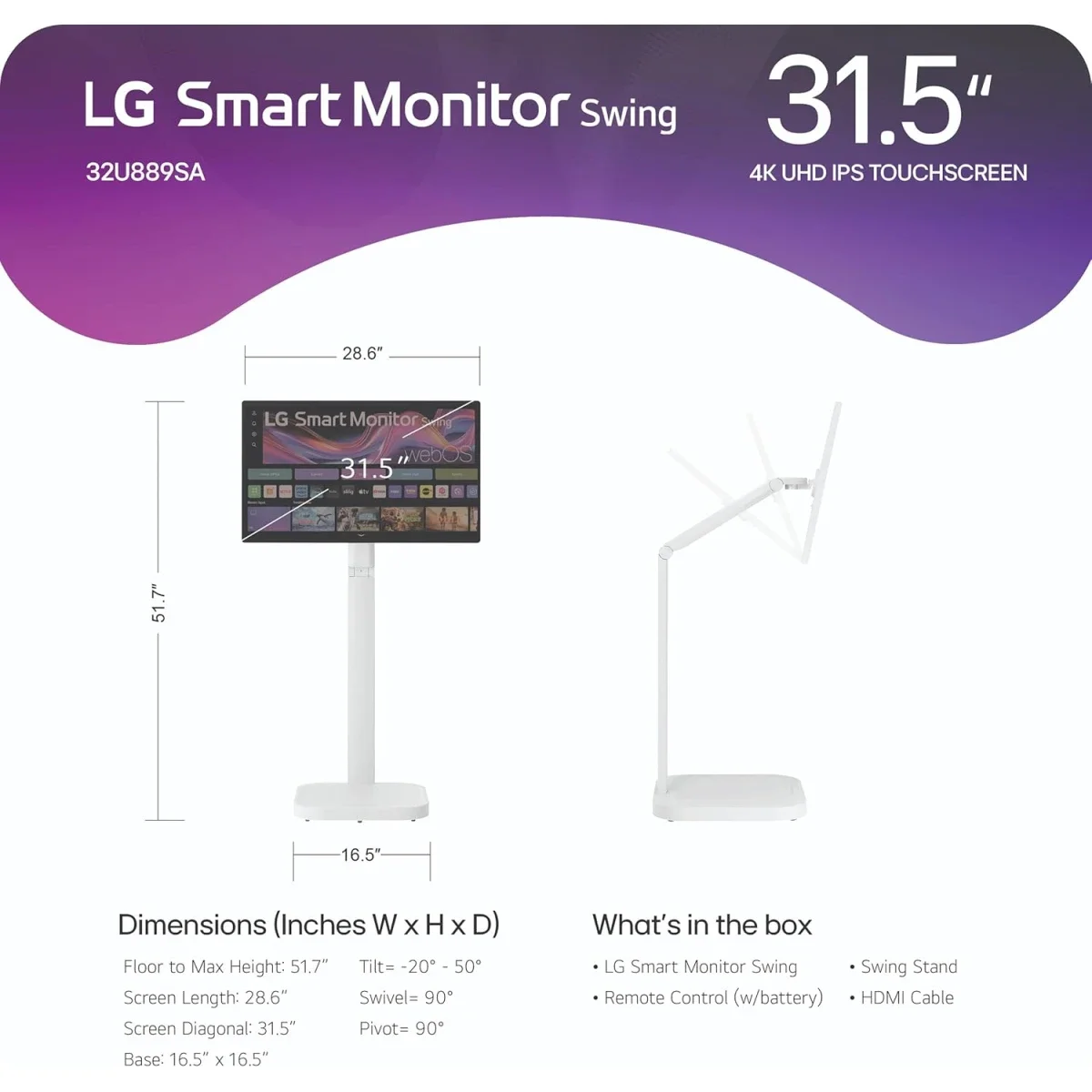 LG 32U889SA 32-Inch Smart Monitor Swing 4K UHD IPS Touchscreen with Wheeled Stand - Thumbnail 11