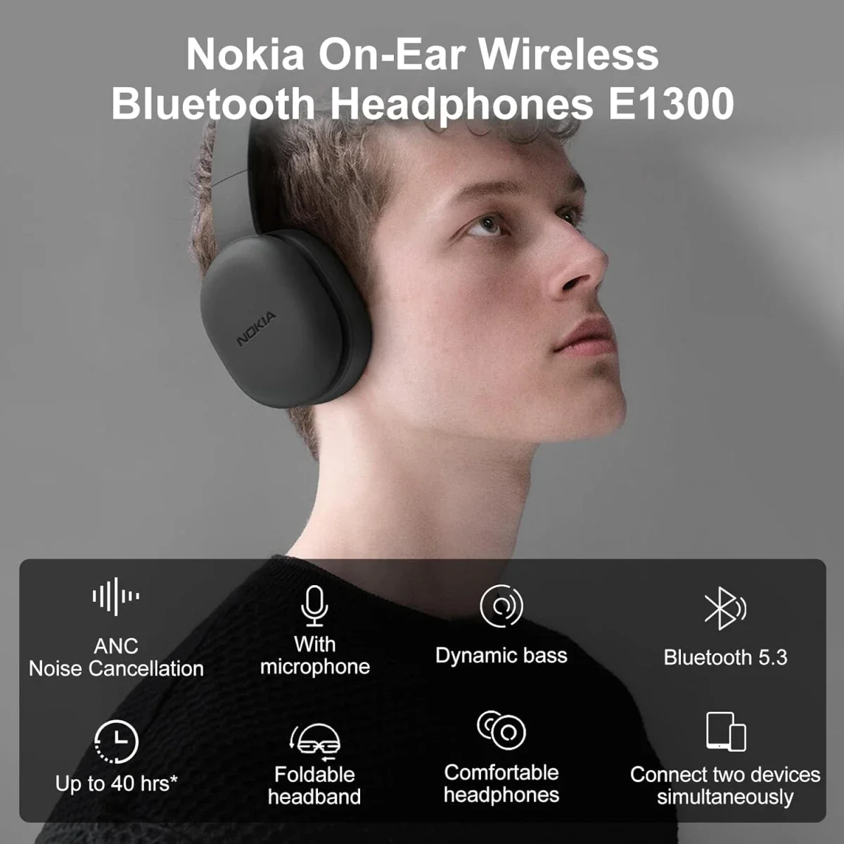 سماعات رأس لاسلكية فوق الأذن Nokia E1300 بتقنية Bluetooth، تشغيل 40 ساعة، أسود - Thumbnail 6