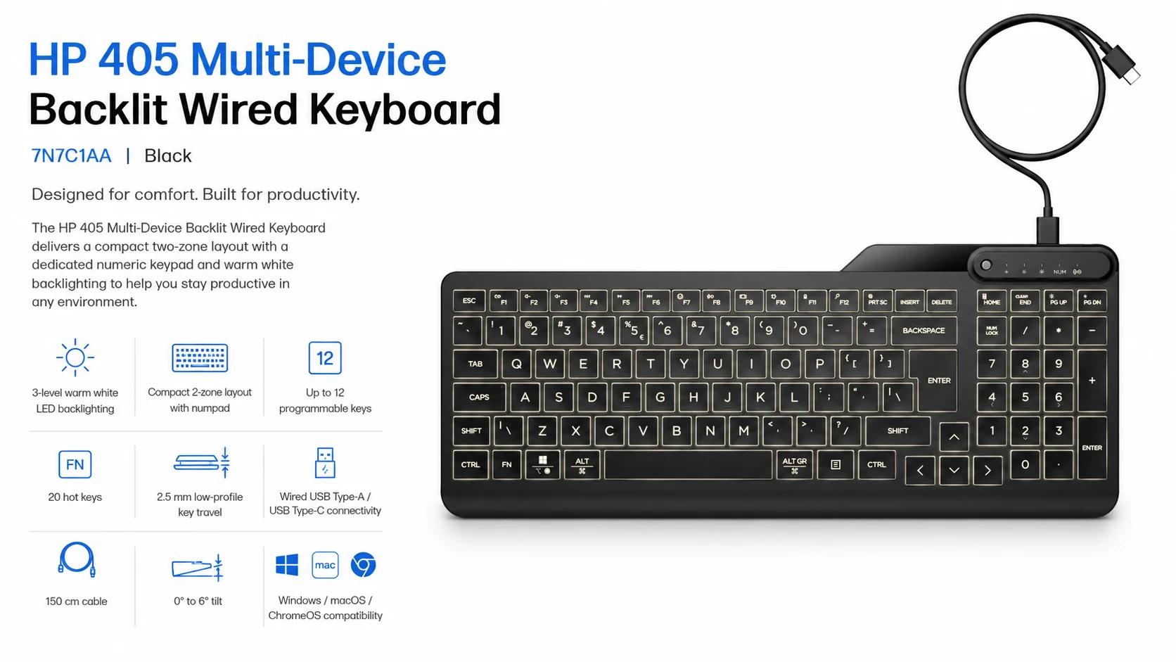 HP 405 Multi-Device Backlit Wired Keyboard with Numpad - Black - Image 9