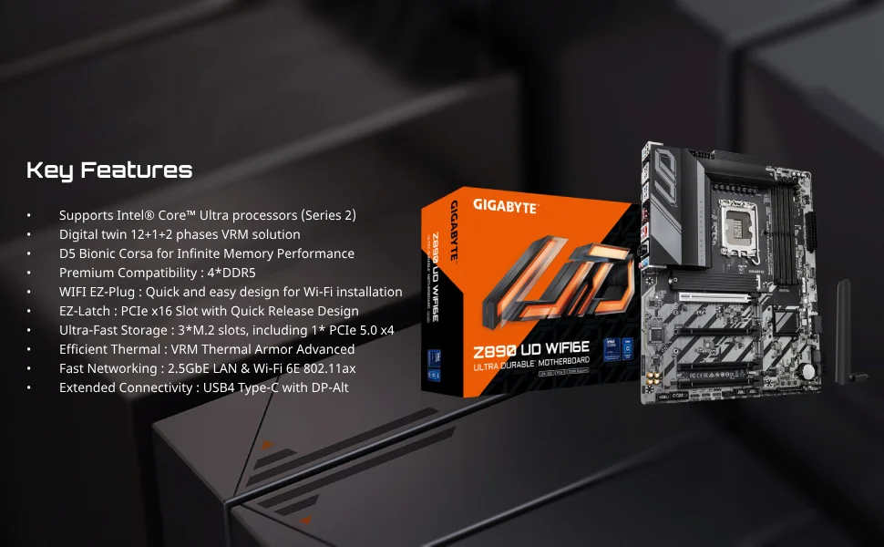 لوحة أم GIGABYTE Z890-UD-WIFI6E ATX لمعالجات Intel Core Ultra، LGA 1851، DDR5، 3 منافذ M.2، PCIe 5.0 - Thumbnail 6