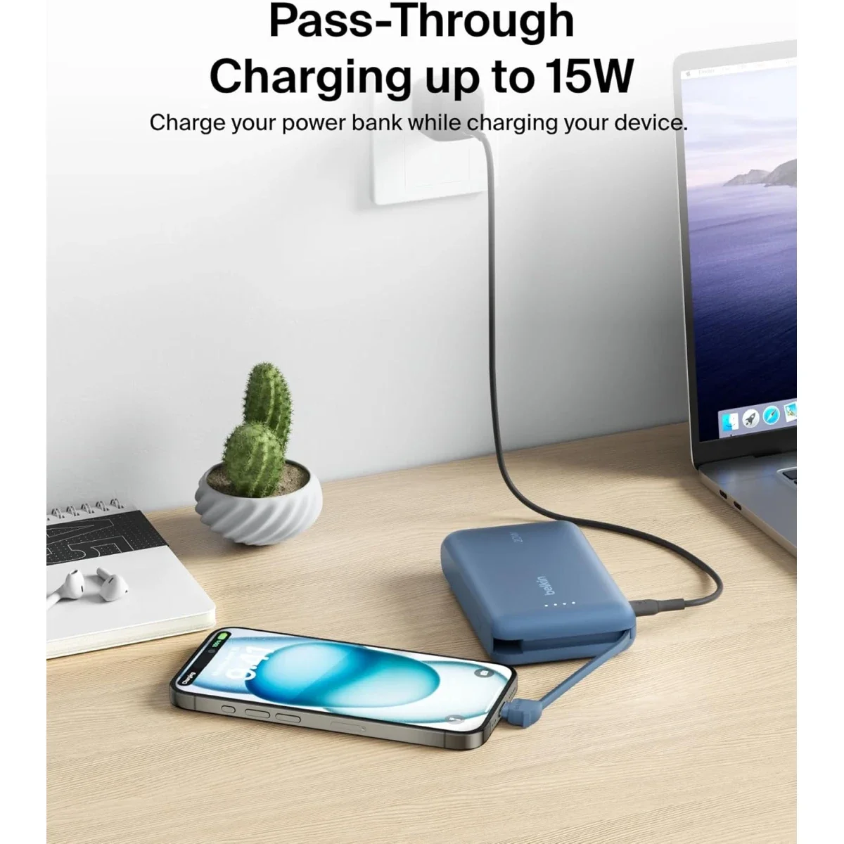 باور بانك Belkin BoostCharge بسعة 10000mAh مع كابل USB-C مدمج وشحن PD بقوة 20W - أزرق - Thumbnail 6