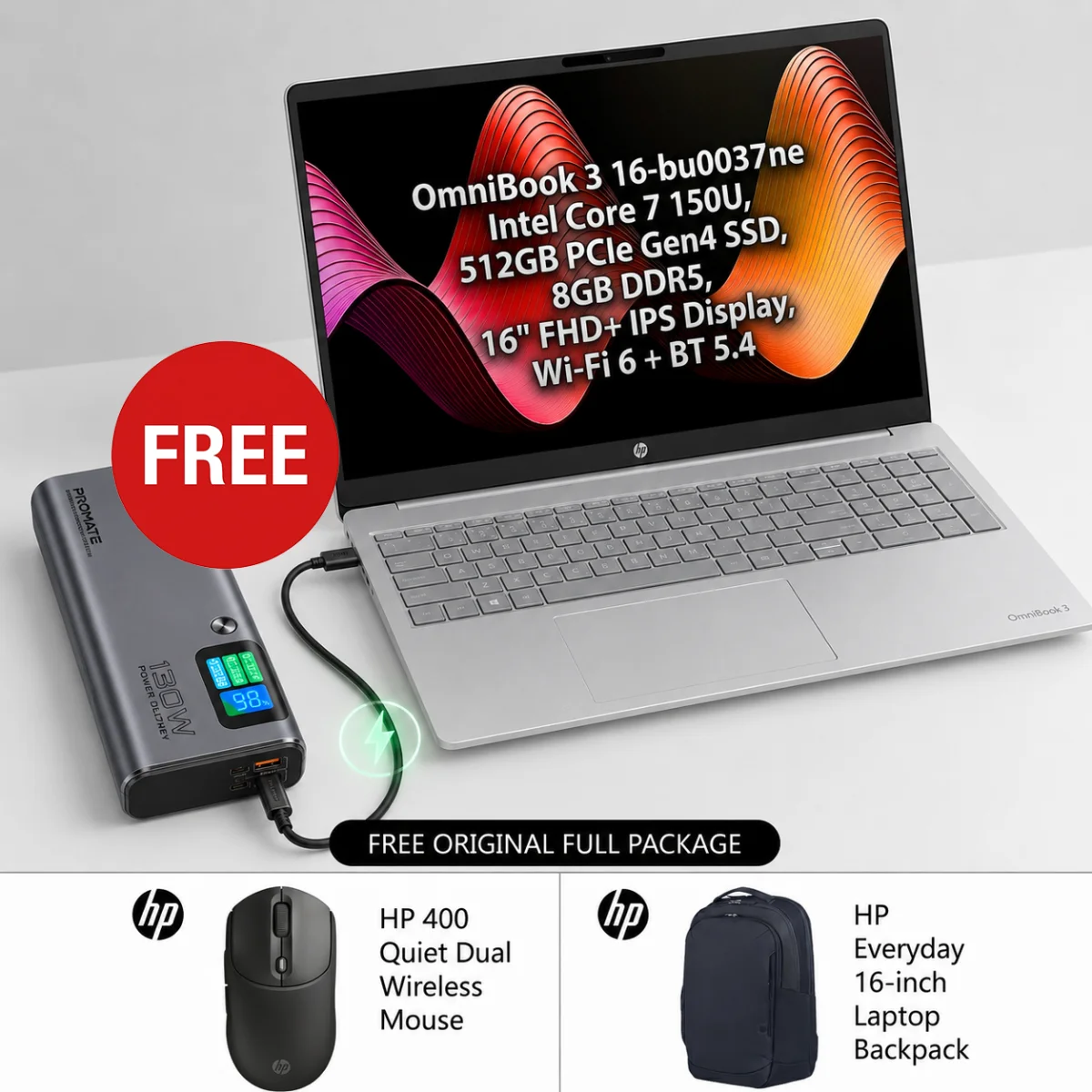 لابتوب HP OmniBook 3 16-bu0037ne بمعالج Intel Core 7 150U وذاكرة 8GB وSSD 512GB وشاشة 16 إنش FHD+ IPS مع باقة طاقة مجانية