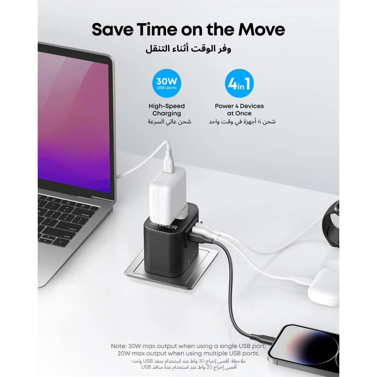 Anker 312 PowerExtend 30W Travel Adapter with 1 AC Outlet, USB-C and 2 USB-A Ports - Black - Thumbnail 3