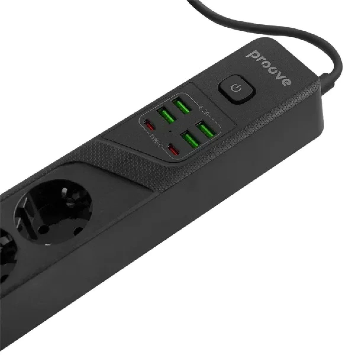 مشترك كهربائي Proove P-04 مع 4 مقابس AC و4 منافذ USB-A ومنفذين USB-C وكابل 2 متر - أسود - Image 2