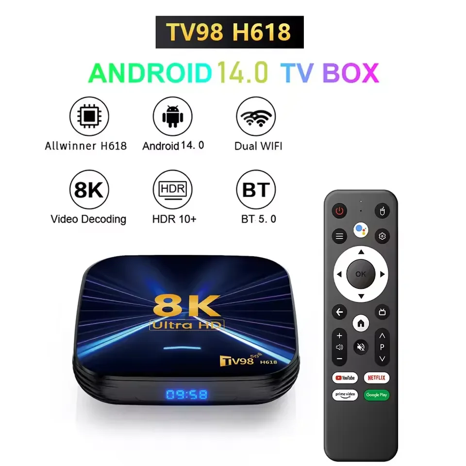 تي في بوكس ICANING TV98 بنظام Android 14.0، معالج Allwinner H618، رام 4GB وتخزين 64GB، واي فاي 2.4G و5G، HDR10، BT5.0 وتحكم صوتي