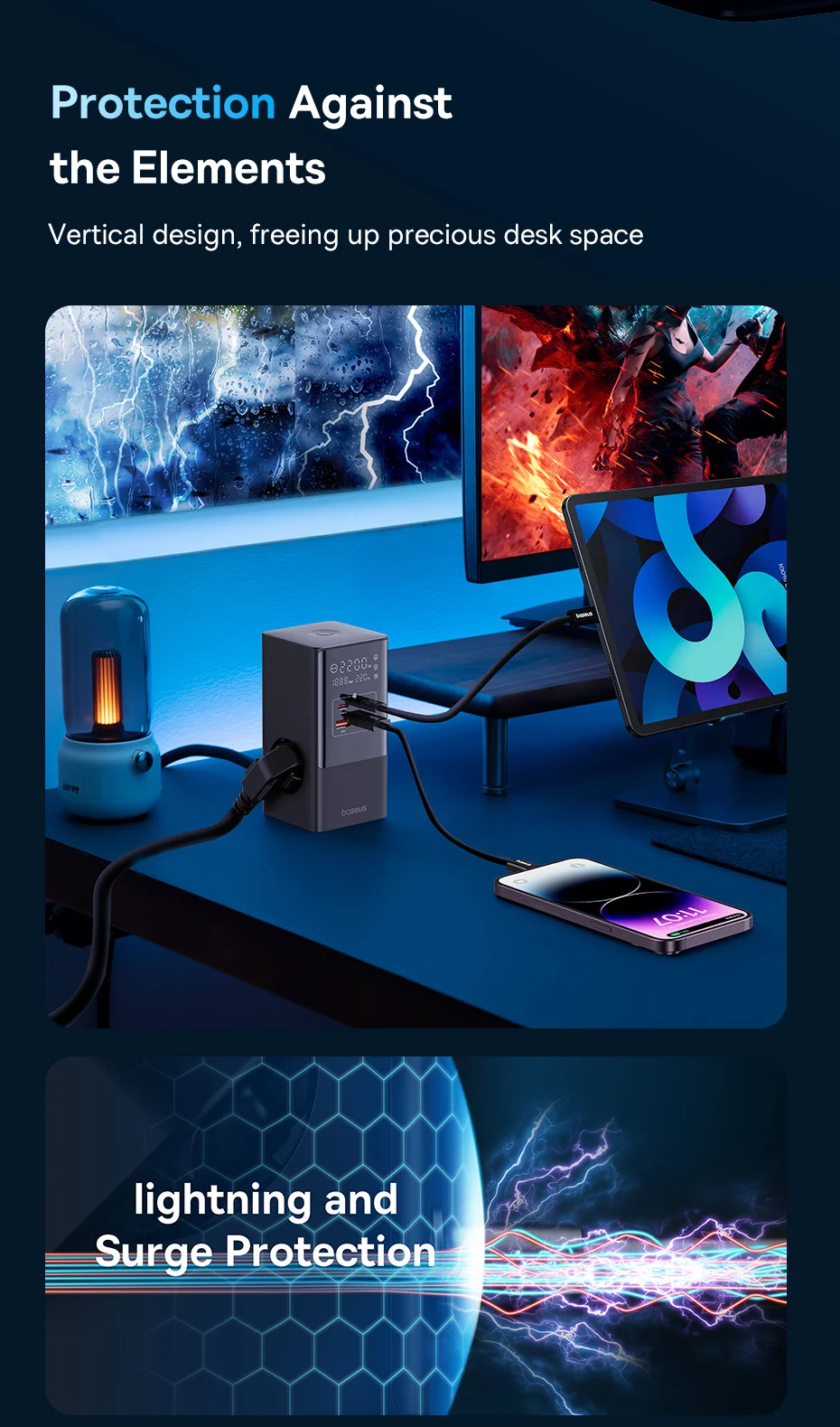 مشترك كهربائي رقمي Baseus PowerCombo Tower بقدرة 35 واط، 3 منافذ AC و2 USB-A و2 USB-C، سلك EU بطول 1.5 متر - أسود - Thumbnail 15