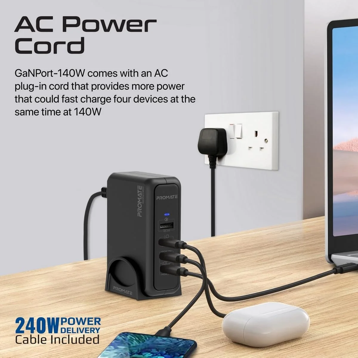 Promate GaNPort-140W 140W GaN Laptop Charger with 100W and 30W USB-C PD Ports - Image 3