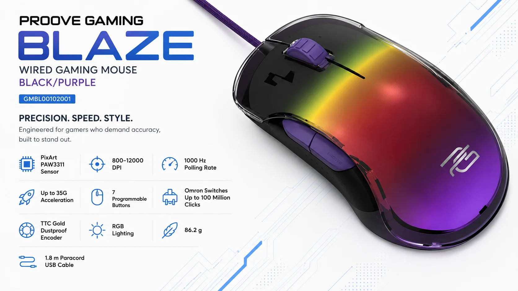 Proove Gaming Blaze Wired Gaming Mouse, 12000 DPI, Black/Purple - Thumbnail 7