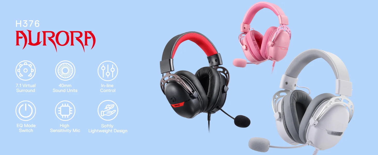 Redragon H376WG Aurora Wired USB Gaming Headset with 7.1 Surround Sound, 40mm Drivers - White - Thumbnail 8