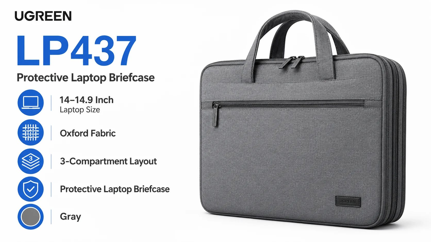 Ugreen LP437 14–14.9 Inch 3-Compartment Oxford Fabric Laptop Briefcase - Gray - Thumbnail 7