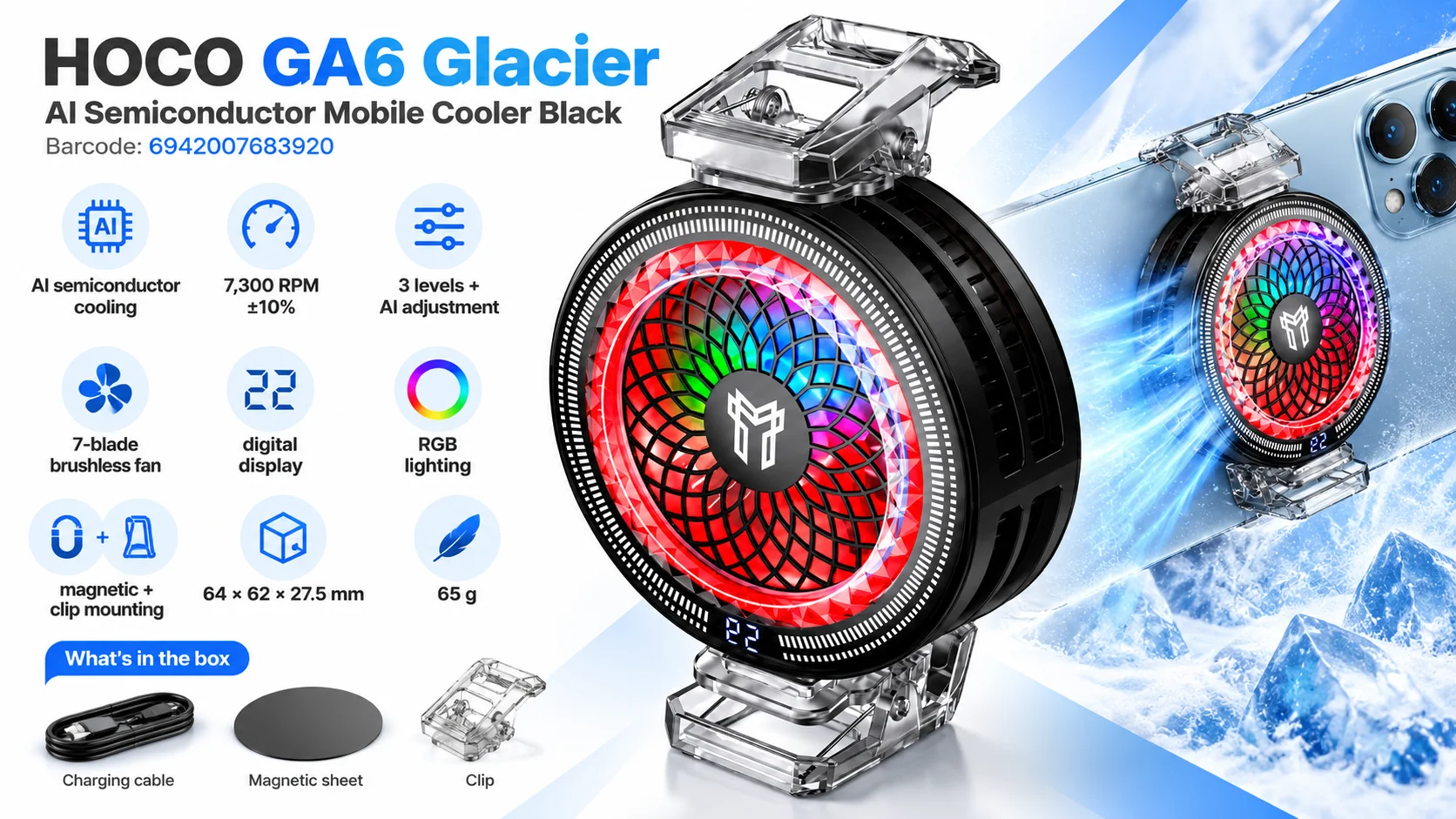 مبرد موبايل HOCO GA6 Glacier بتبريد شبه موصل ذكي - أسود - Thumbnail 10