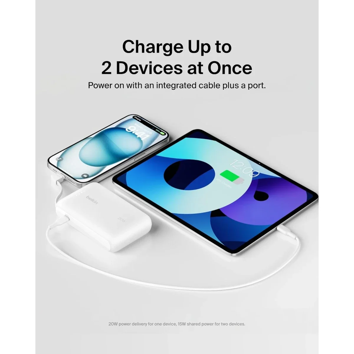 بطارية محمولة Belkin BoostCharge بسعة 10000mAh مع كابل USB-C مدمج وشحن PD بقدرة 20W - أبيض - Thumbnail 2