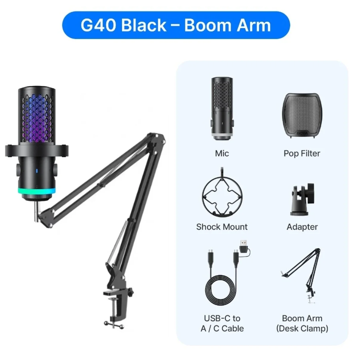 Boya CastMic G40B USB Condenser Microphone Boom Arm Kit with RGB and ENC - Thumbnail 3