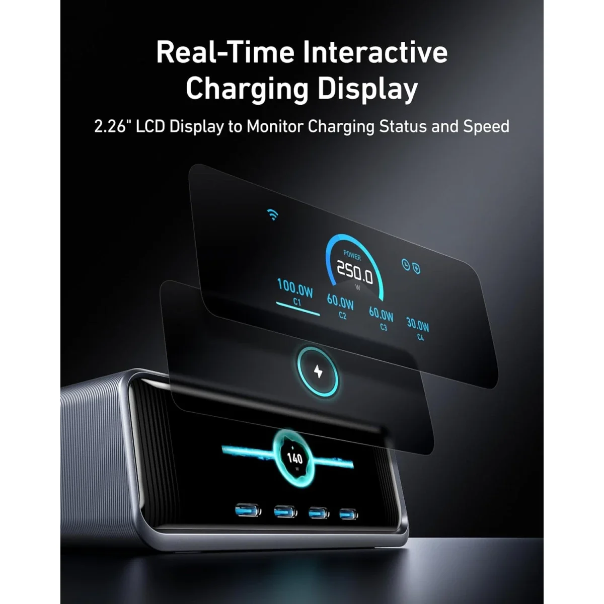 محطة شحن مكتبية Anker Prime بقدرة 250 واط GaN، 6 منافذ، شاشة LCD، فضي - Thumbnail 4