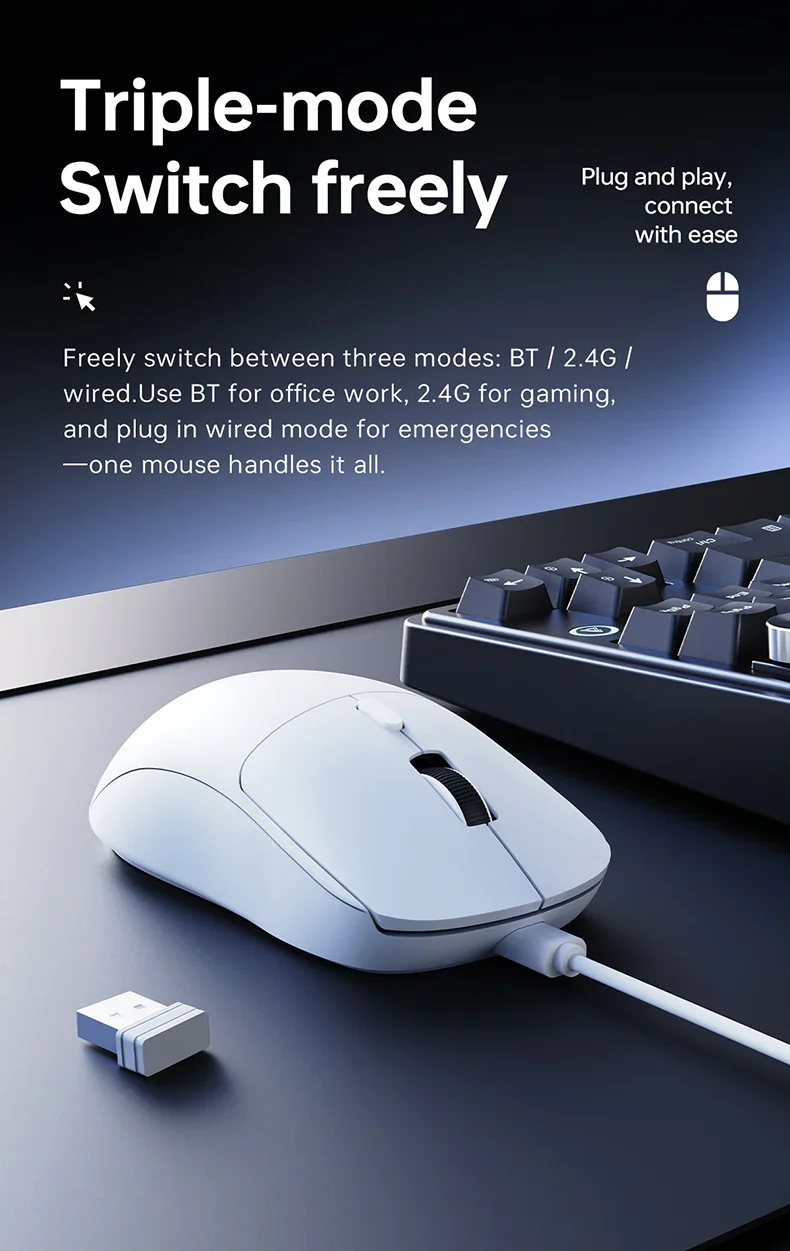 ماوس ألعاب AJAZZ NJ07 ثلاثي الاتصال، 12000 DPI، 1000Hz، بطارية 300mAh، أبيض - Image 3